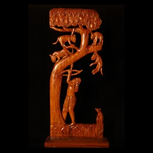 wooden art piece showcasing a jungle hunter