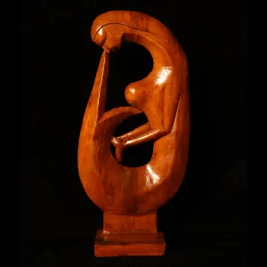 wooden art piece with a modern depiction of a female figure